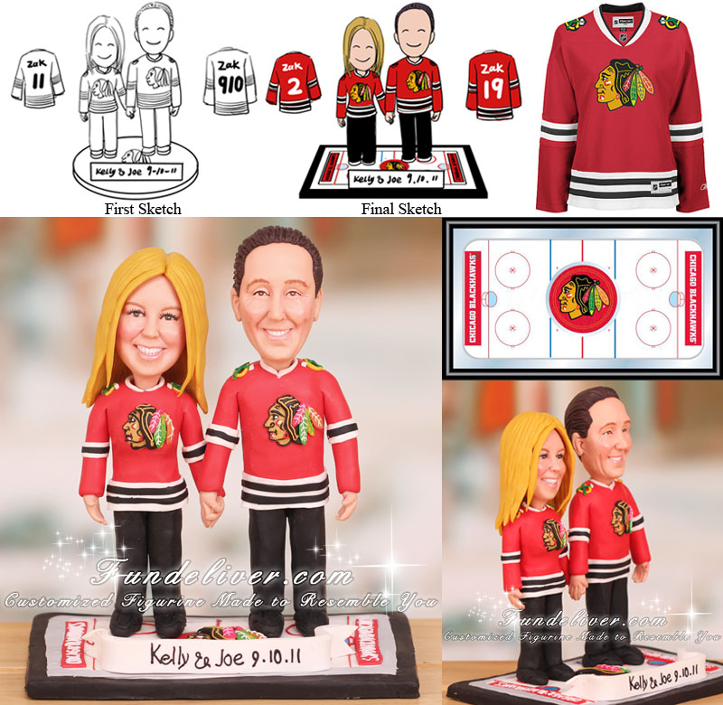 Couple in Red Chicago Blackhawks Jersey Cake Toppers